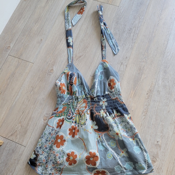 Celine Blue Orange Hues Flower Print Halter Smocked Waist Vintage Halter Top - Picture 5 of 6